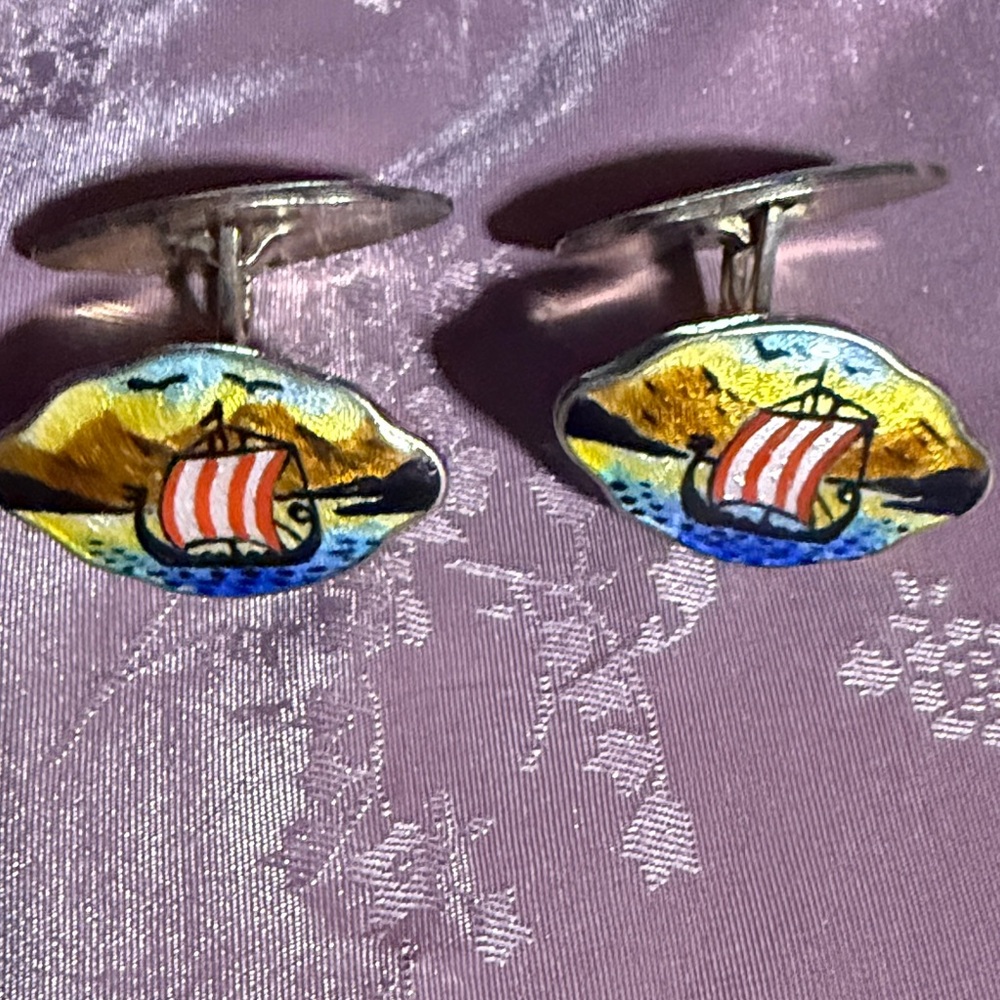 Sterling silver hand painted naval enamel cufflinks unique